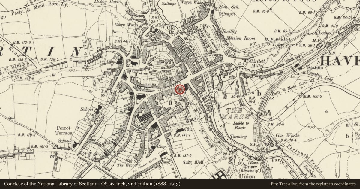 Ordnance Survey six-inch map, 2nd edition (1888–1913) covering the location of 24 Hill Lane, Haverfordwest, Pembrokeshire, with a pin at the register's coordinates