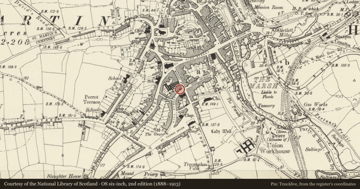 Ordnance Survey six-inch map, 2nd edition (1888–1913) covering the location of 3 Hill Street, Haverfordwest, Pembrokeshire, with a pin at the register's coordinates