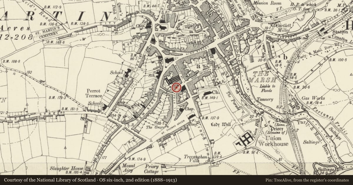 Ordnance Survey six-inch map, 2nd edition (1888–1913) covering the location of The Pembrokeshire Yeoman, Haverfordwest, Pembrokeshire, with a pin at the register's coordinates