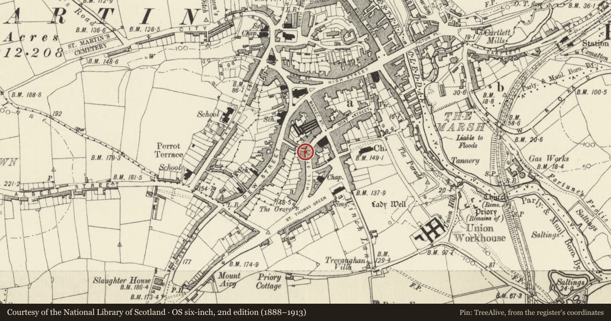 Ordnance Survey six-inch map, 2nd edition (1888–1913) covering the location of No 23 Hill Street and railings, Haverfordwest, Pembrokeshire, with a pin at the register's coordinates