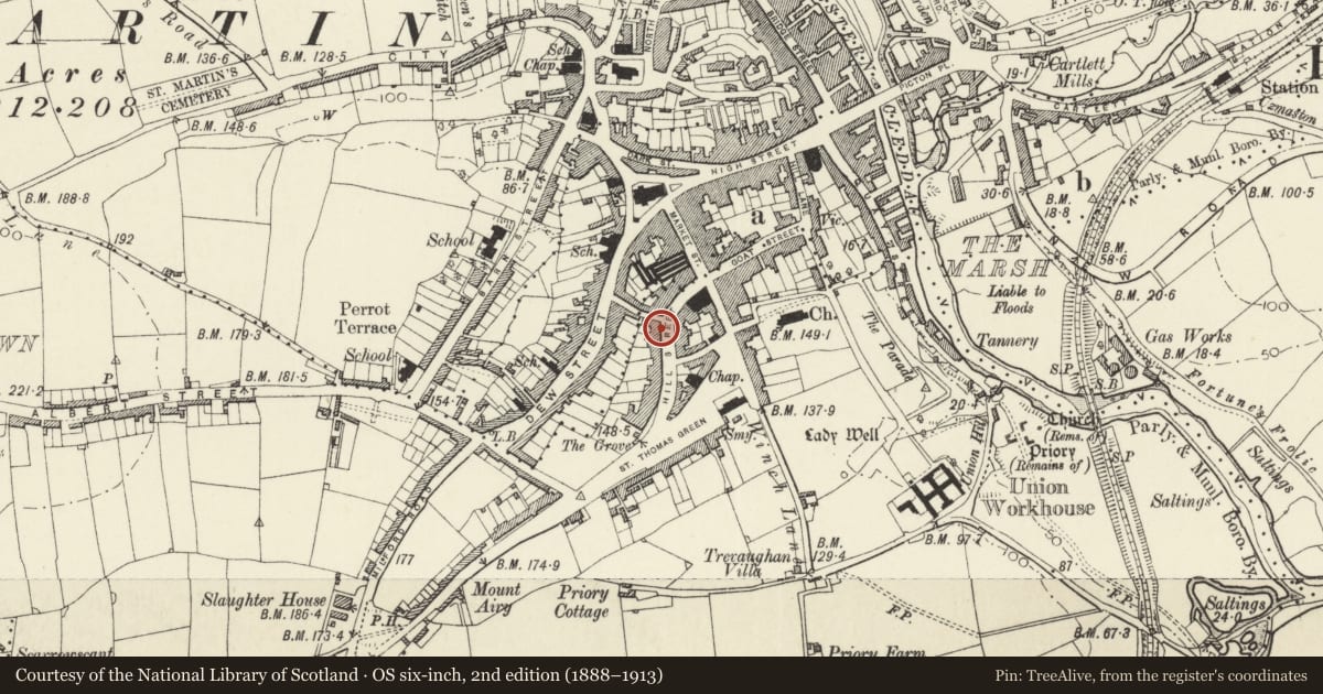 Ordnance Survey six-inch map, 2nd edition (1888–1913) covering the location of Nos 25 and 27 Hill Street, Haverfordwest, Pembrokeshire, with a pin at the register's coordinates