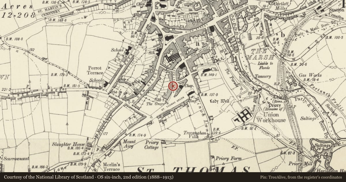 Ordnance Survey six-inch map, 2nd edition (1888–1913) covering the location of 77 Hill Street, Haverfordwest, Pembrokeshire, with a pin at the register's coordinates