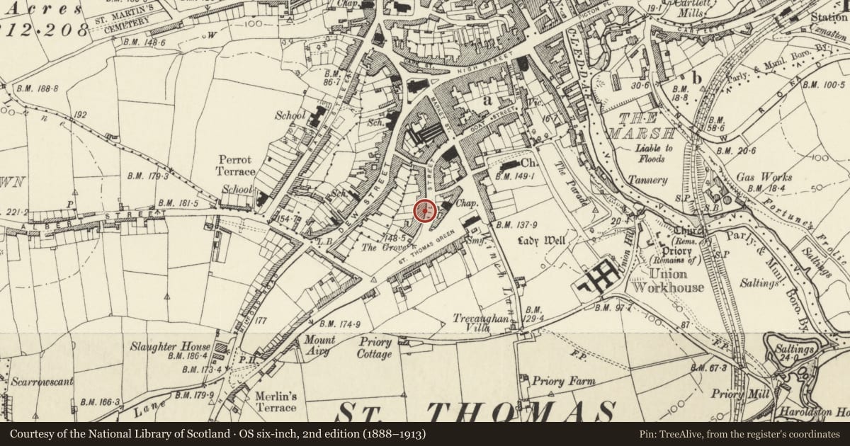 Ordnance Survey six-inch map, 2nd edition (1888–1913) covering the location of 83 Hill Street, Haverfordwest, Pembrokeshire, with a pin at the register's coordinates