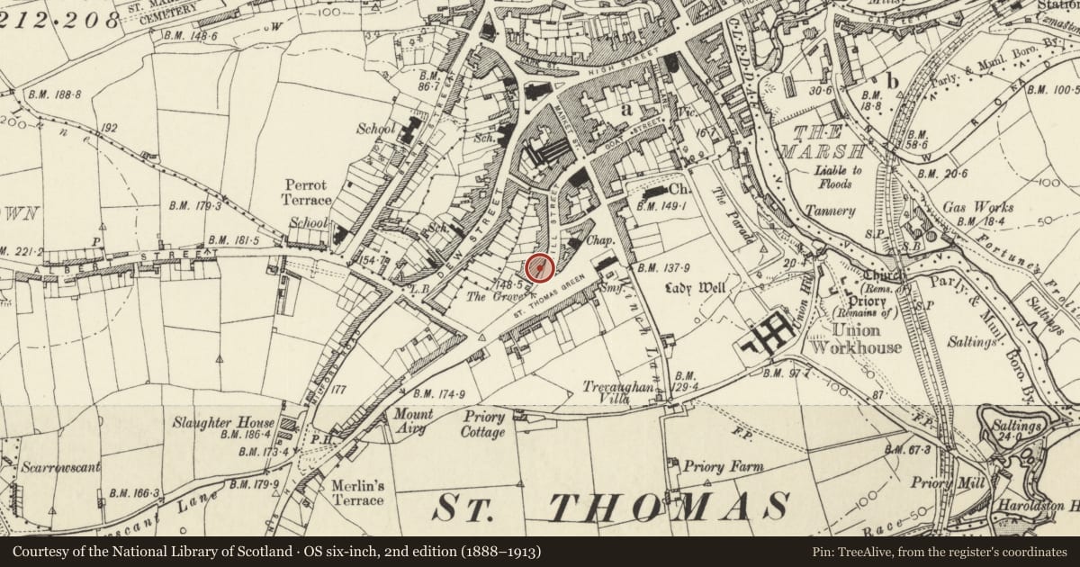 Ordnance Survey six-inch map, 2nd edition (1888–1913) covering the location of Ashgrove and railings, Haverfordwest, Pembrokeshire, with a pin at the register's coordinates