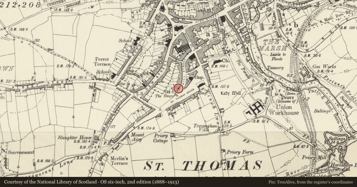 Ordnance Survey six-inch map, 2nd edition (1888–1913) covering the location of College House and railings, Haverfordwest, Pembrokeshire, with a pin at the register's coordinates