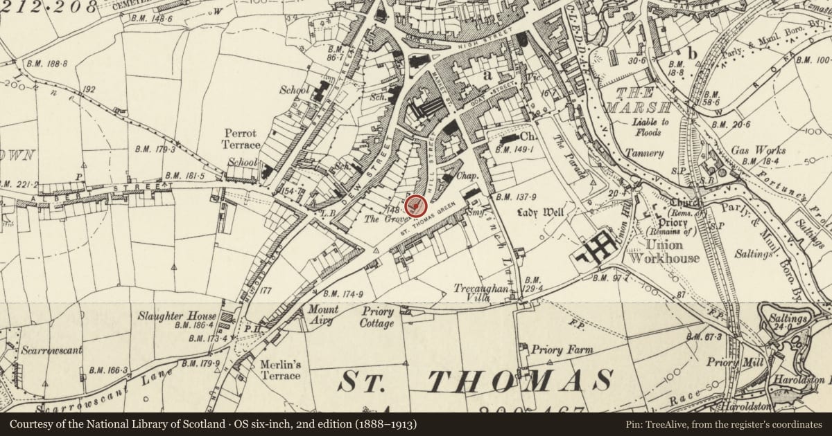 Ordnance Survey six-inch map, 2nd edition (1888–1913) covering the location of 95 Hill Street, Haverfordwest, Pembrokeshire, with a pin at the register's coordinates
