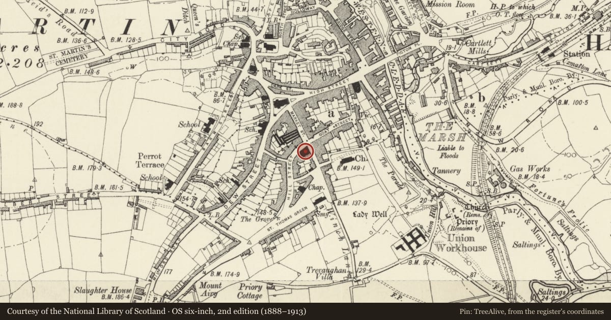 Ordnance Survey six-inch map, 2nd edition (1888–1913) covering the location of Palace Cinema and No. 2 Hill Street, Haverfordwest, Pembrokeshire, with a pin at the register's coordinates
