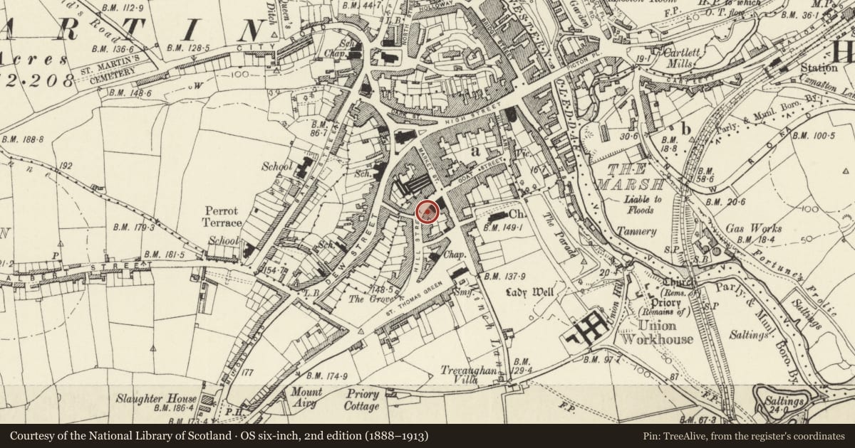 Ordnance Survey six-inch map, 2nd edition (1888–1913) covering the location of 4 Hill Street, Haverfordwest, Pembrokeshire, with a pin at the register's coordinates
