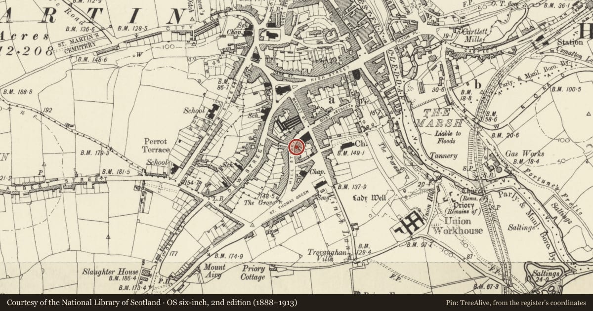Ordnance Survey six-inch map, 2nd edition (1888–1913) covering the location of Nos 8 and 10 and area railings, Haverfordwest, Pembrokeshire, with a pin at the register's coordinates