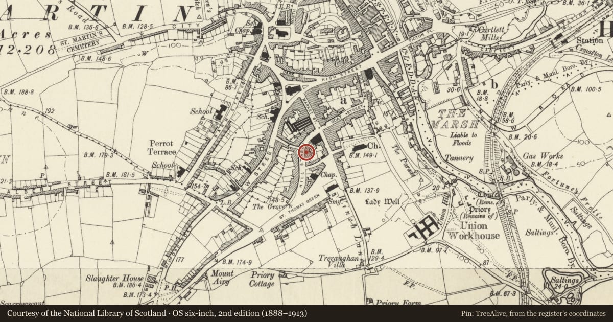 Ordnance Survey six-inch map, 2nd edition (1888–1913) covering the location of Ashleigh House, Haverfordwest, Pembrokeshire, with a pin at the register's coordinates