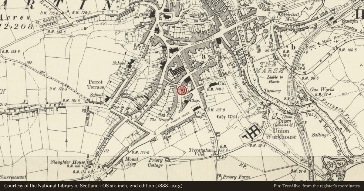 Ordnance Survey six-inch map, 2nd edition (1888–1913) covering the location of Hillborough House and area railings, Haverfordwest, Pembrokeshire, with a pin at the register's coordinates