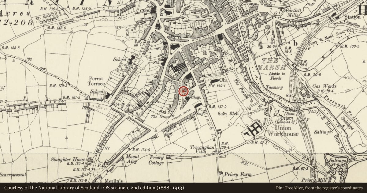 Ordnance Survey six-inch map, 2nd edition (1888–1913) covering the location of Nos. 18 and 20 Hill Street, Haverfordwest, Pembrokeshire, with a pin at the register's coordinates