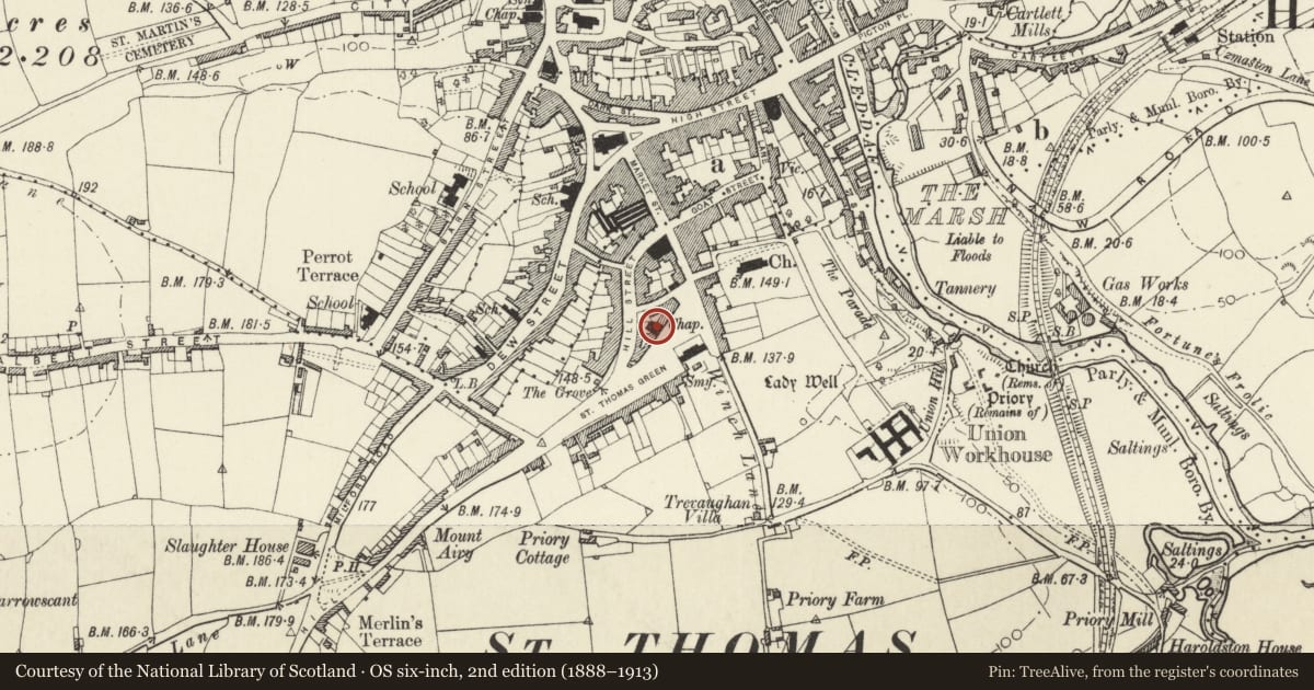 Ordnance Survey six-inch map, 2nd edition (1888–1913) covering the location of Albany United Reformed Church, Haverfordwest, Pembrokeshire, with a pin at the register's coordinates