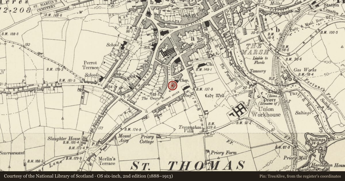 Ordnance Survey six-inch map, 2nd edition (1888–1913) covering the location of 22 Hill Street, Haverfordwest, Pembrokeshire, with a pin at the register's coordinates