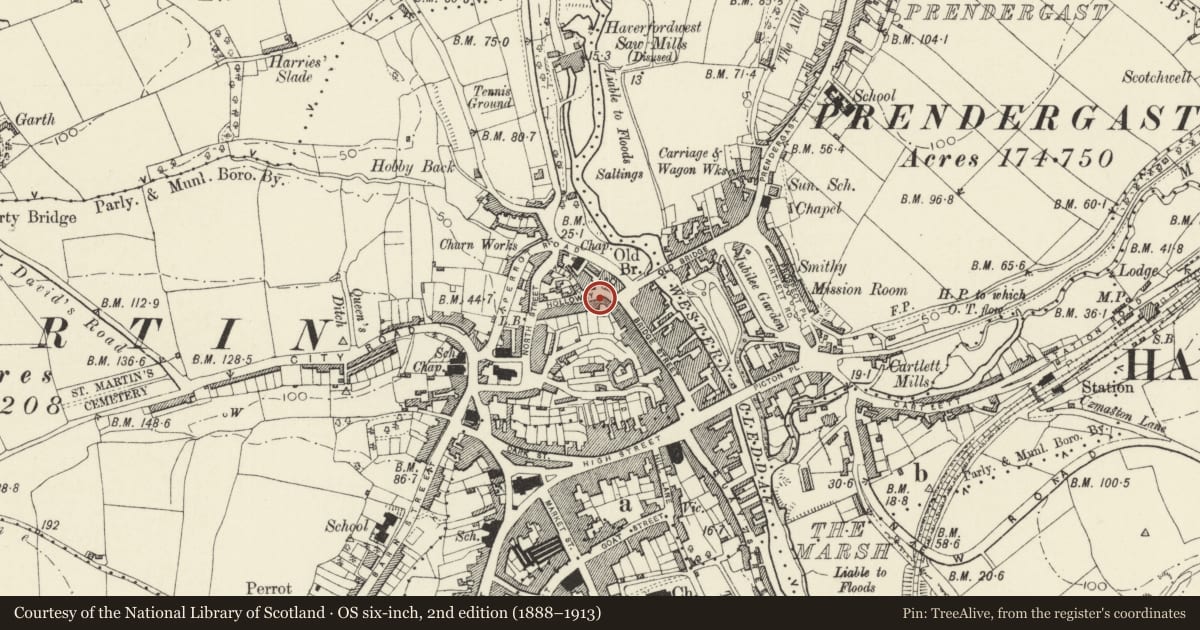 Ordnance Survey six-inch map, 2nd edition (1888–1913) covering the location of 1 Gloucester Terrace, Haverfordwest, Pembrokeshire, with a pin at the register's coordinates