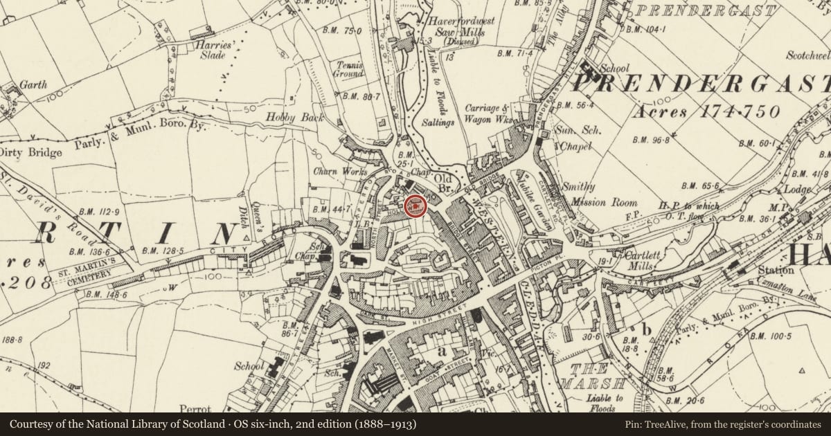 Ordnance Survey six-inch map, 2nd edition (1888–1913) covering the location of Railings in front of Nos 1-6 Gloucester Terrace, Haverfordwest, Pembrokeshire, with a pin at the register's coordinates