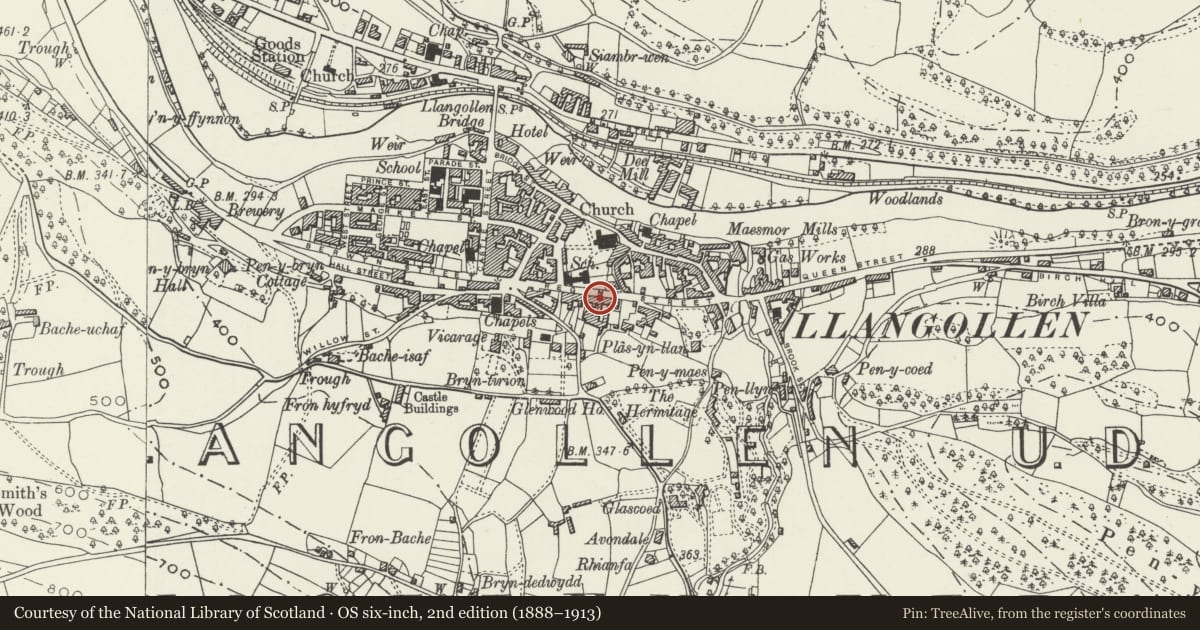 Ordnance Survey six-inch map, 2nd edition (1888–1913) covering the location of Former Pottery Workshop, Llangollen, Denbighshire, with a pin at the register's coordinates