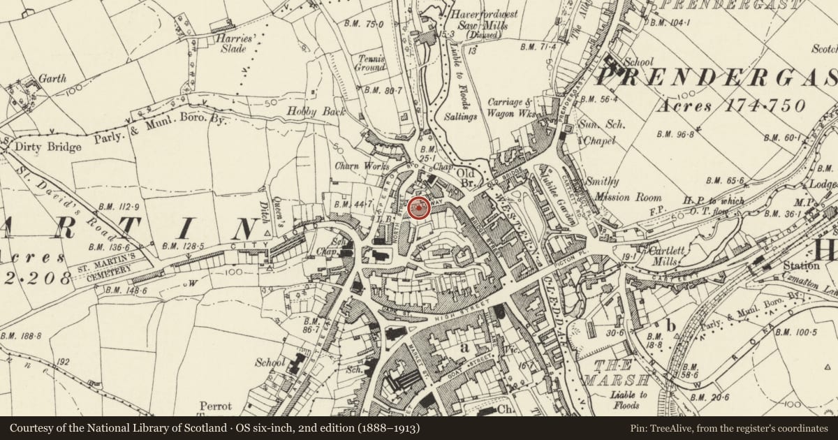 Ordnance Survey six-inch map, 2nd edition (1888–1913) covering the location of Belsize, No 13 Gloucester Terrace, Haverfordwest, Pembrokeshire, with a pin at the register's coordinates