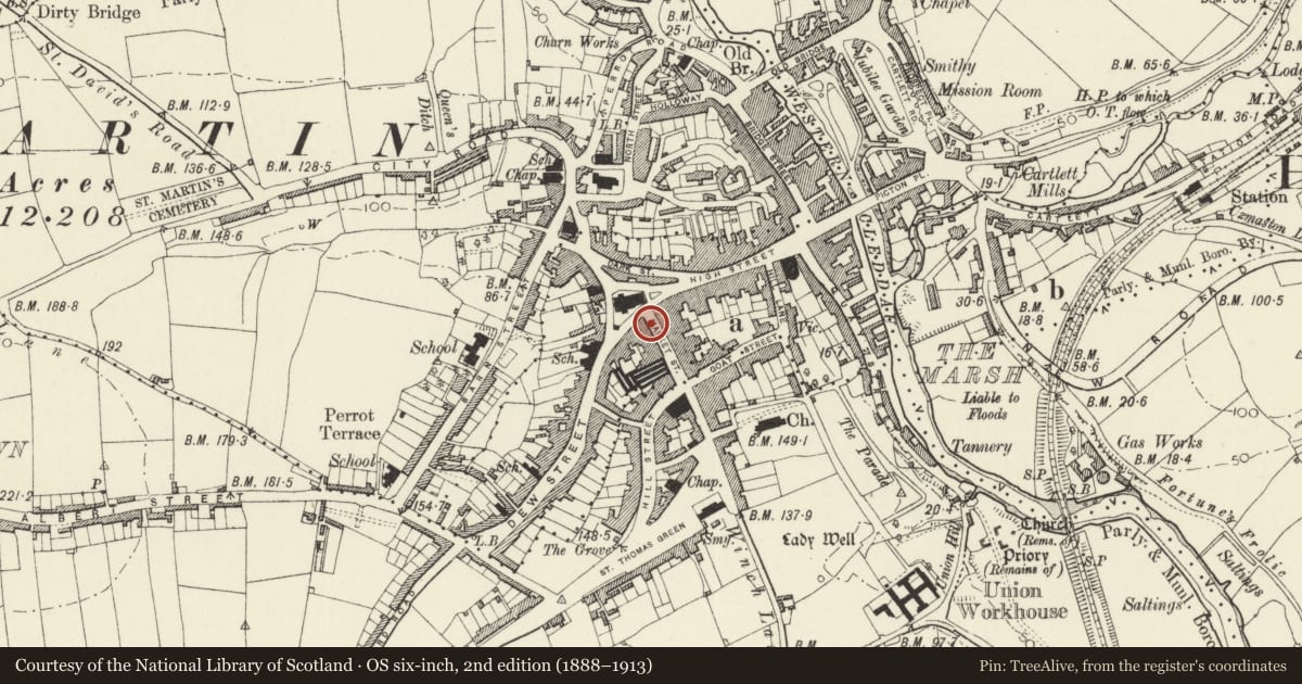 Ordnance Survey six-inch map, 2nd edition (1888–1913) covering the location of 5 Market Street, Haverfordwest, Pembrokeshire, with a pin at the register's coordinates