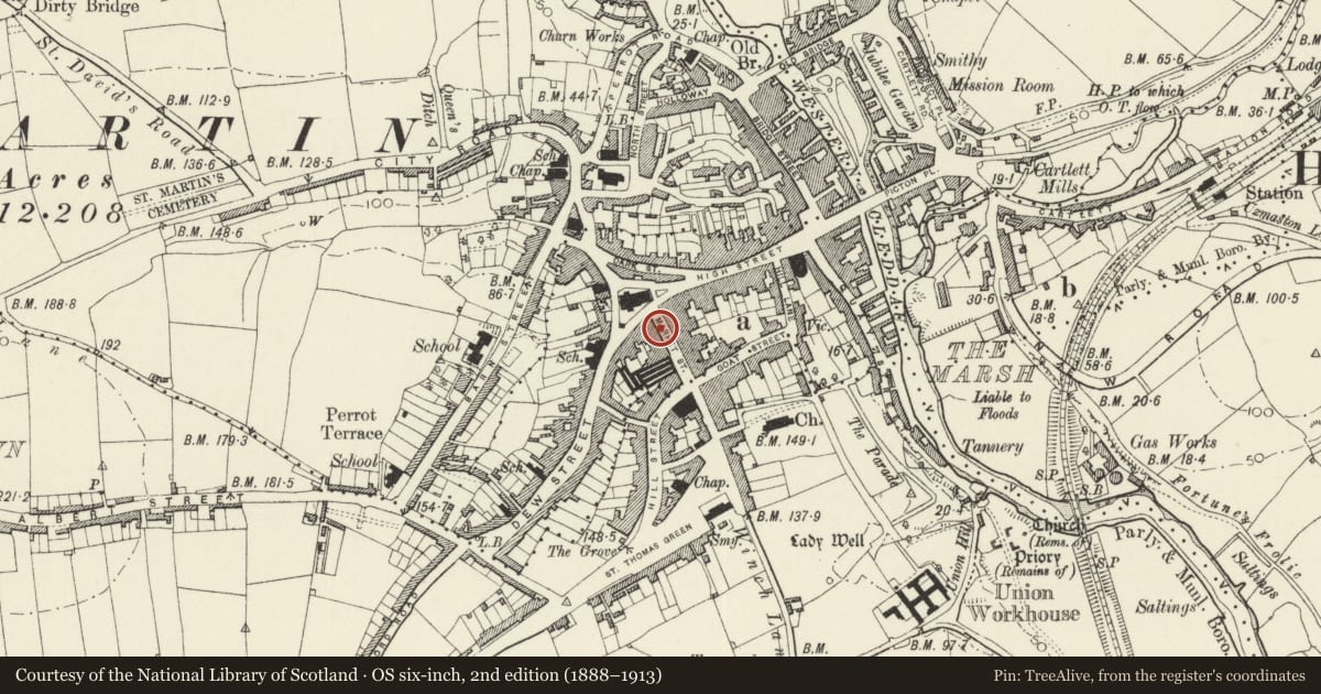 Ordnance Survey six-inch map, 2nd edition (1888–1913) covering the location of 7 & 7a Market Street, Haverfordwest, Pembrokeshire, with a pin at the register's coordinates