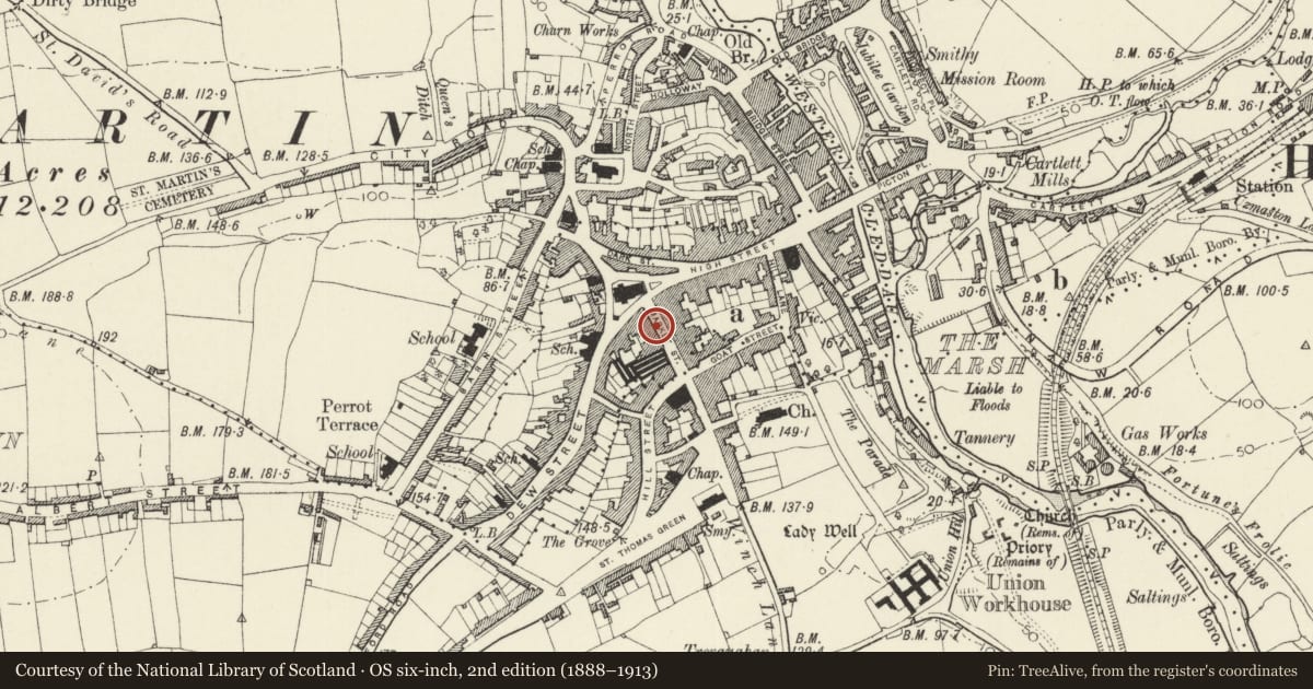 Ordnance Survey six-inch map, 2nd edition (1888–1913) covering the location of 9 Market Street, Haverfordwest, Pembrokeshire, with a pin at the register's coordinates