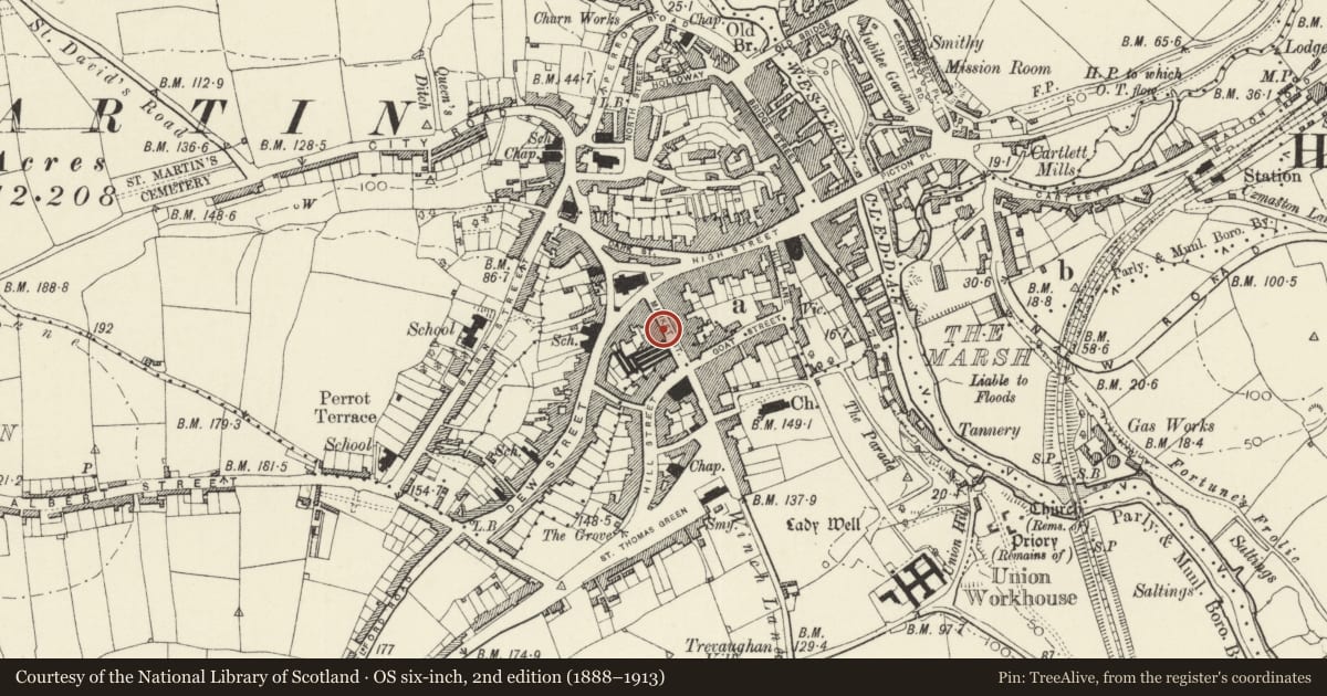 Ordnance Survey six-inch map, 2nd edition (1888–1913) covering the location of Kent House and railings, Haverfordwest, Pembrokeshire, with a pin at the register's coordinates