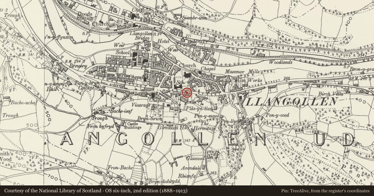 Ordnance Survey six-inch map, 2nd edition (1888–1913) covering the location of (including the Arched Entry to the right), Llangollen, Denbighshire, with a pin at the register's coordinates
