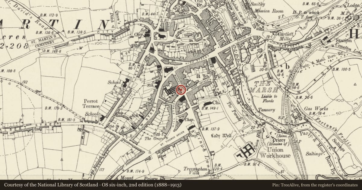 Ordnance Survey six-inch map, 2nd edition (1888–1913) covering the location of No. 17 and area railings, Haverfordwest, Pembrokeshire, with a pin at the register's coordinates