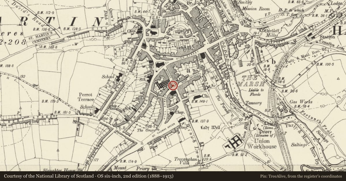 Ordnance Survey six-inch map, 2nd edition (1888–1913) covering the location of 19 Market Street, Haverfordwest, Pembrokeshire, with a pin at the register's coordinates