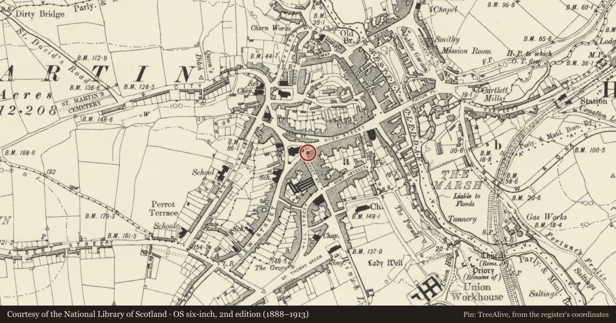 Ordnance Survey six-inch map, 2nd edition (1888–1913) covering the location of The Crypt, Haverfordwest, Pembrokeshire, with a pin at the register's coordinates