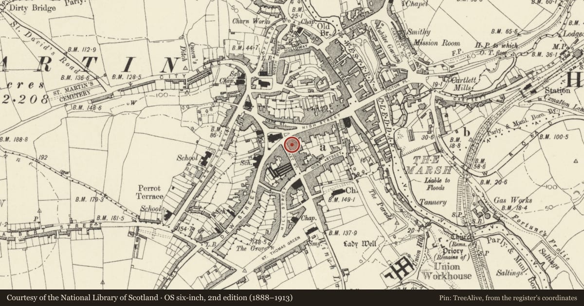 Ordnance Survey six-inch map, 2nd edition (1888–1913) covering the location of Nos 6, 8, 10, 12 including the wing to rear of No 6, Haverfordwest, Pembrokeshire, with a pin at the register's coordinates