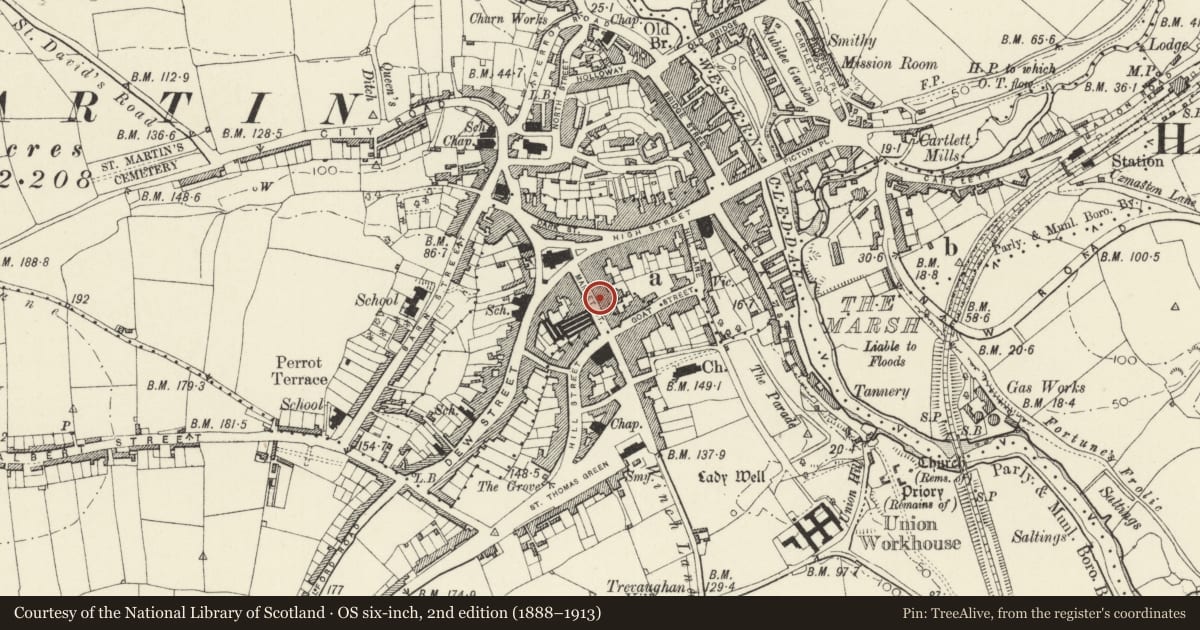 Ordnance Survey six-inch map, 2nd edition (1888–1913) covering the location of 22 Market Street, Haverfordwest, Pembrokeshire, with a pin at the register's coordinates