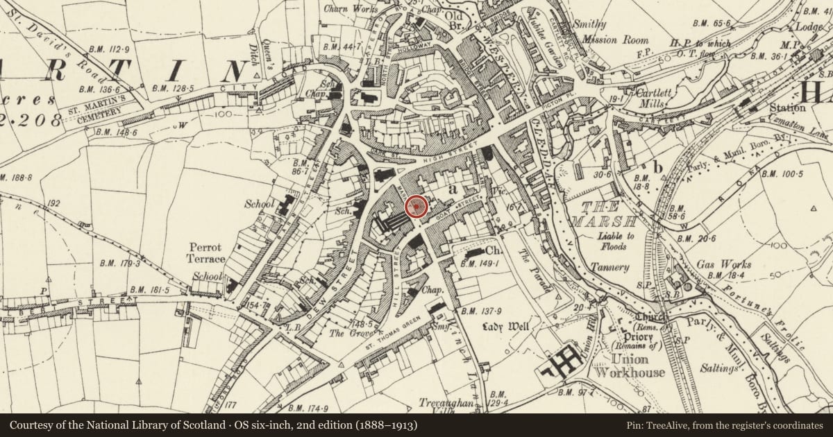 Ordnance Survey six-inch map, 2nd edition (1888–1913) covering the location of The George's Inn, Haverfordwest, Pembrokeshire, with a pin at the register's coordinates