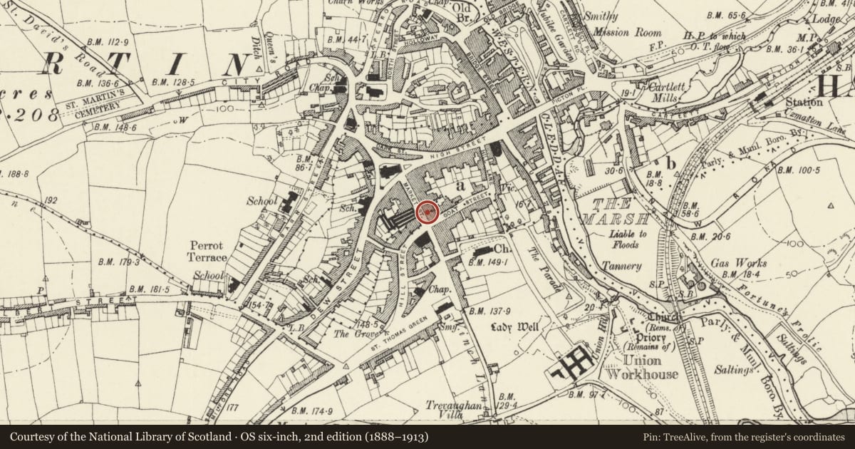 Ordnance Survey six-inch map, 2nd edition (1888–1913) covering the location of 30 Market Street, Haverfordwest, Pembrokeshire, with a pin at the register's coordinates