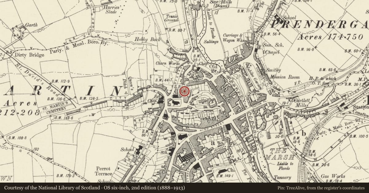 Ordnance Survey six-inch map, 2nd edition (1888–1913) covering the location of Retaining wall, railings and pavement before Nos, 1-7 Castle Terrace, Haverfordwest, Pembrokeshire, with a pin at the register's coordinates