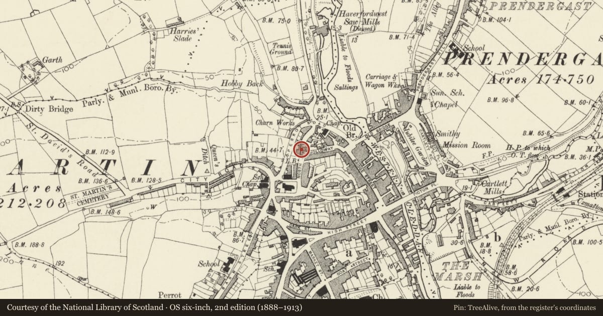 Ordnance Survey six-inch map, 2nd edition (1888–1913) covering the location of Rock House, Haverfordwest, Pembrokeshire, with a pin at the register's coordinates