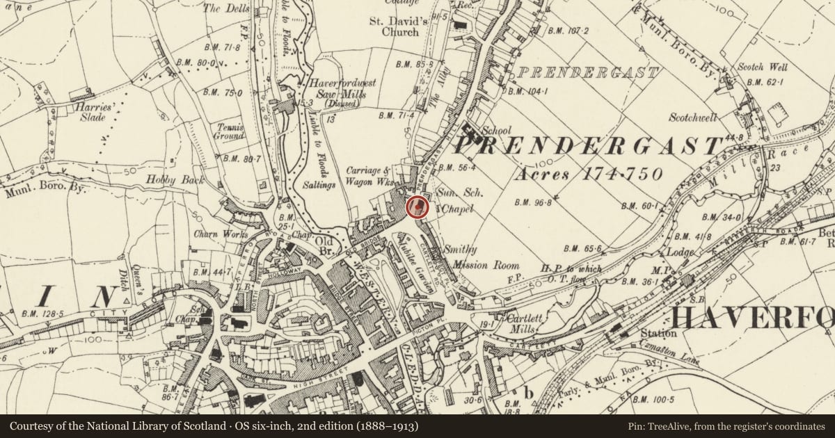 Ordnance Survey six-inch map, 2nd edition (1888–1913) covering the location of 25 Bridge End Square, Haverfordwest, Pembrokeshire, with a pin at the register's coordinates