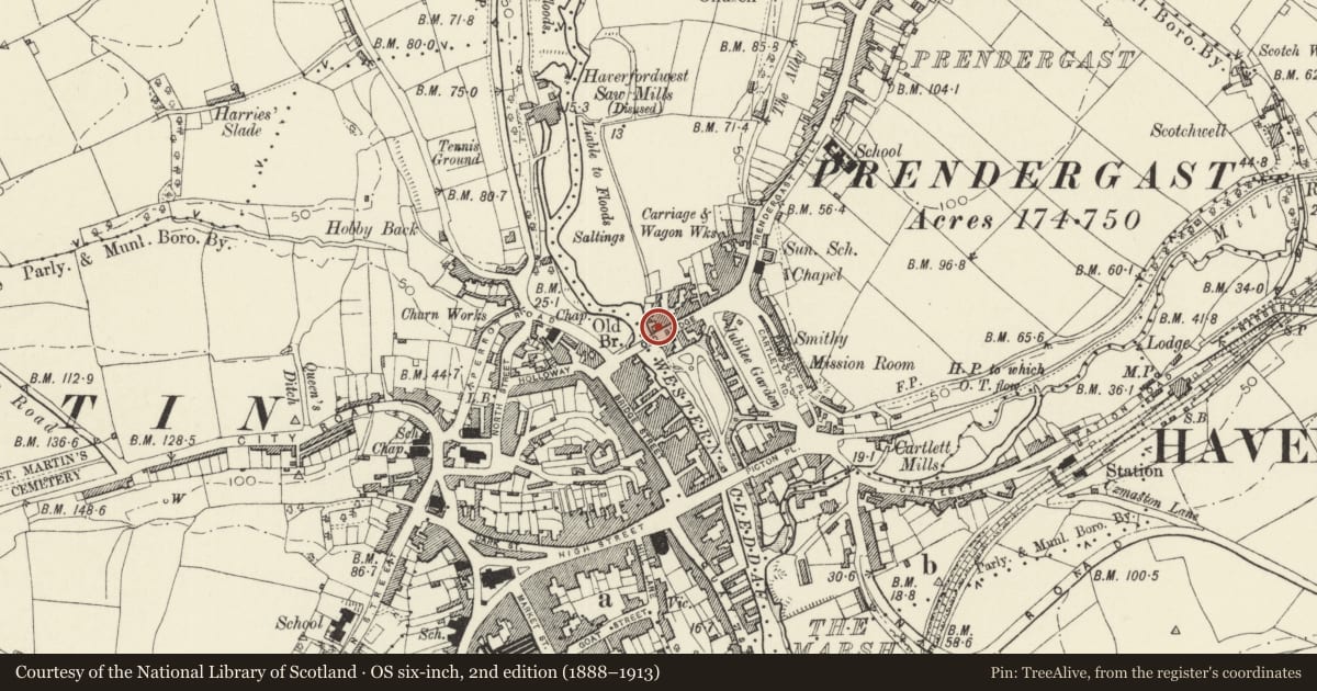 Ordnance Survey six-inch map, 2nd edition (1888–1913) covering the location of 2 Old Bridge, Haverfordwest, Pembrokeshire, with a pin at the register's coordinates
