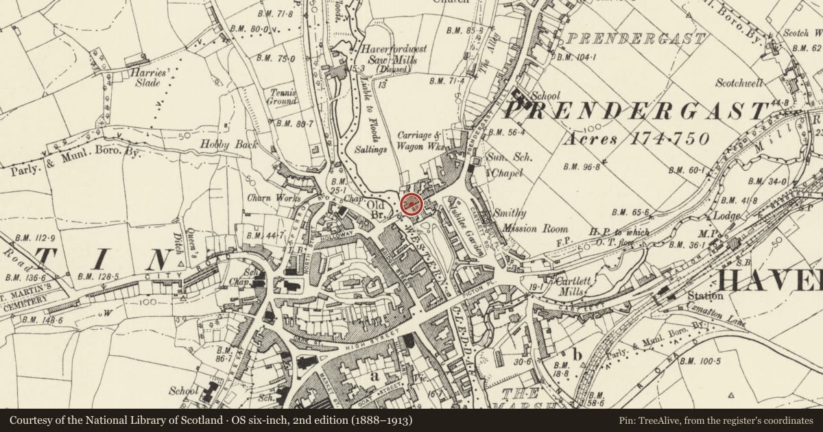 Ordnance Survey six-inch map, 2nd edition (1888–1913) covering the location of 4 Old Bridge, Haverfordwest, Pembrokeshire, with a pin at the register's coordinates