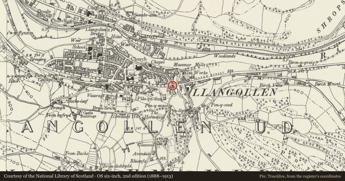 Ordnance Survey six-inch map, 2nd edition (1888–1913) covering the location of 66 Regent Street, Llangollen, Denbighshire, with a pin at the register's coordinates