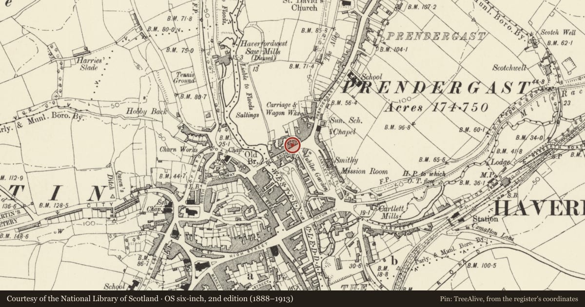 Ordnance Survey six-inch map, 2nd edition (1888–1913) covering the location of 20 Old Bridge, Haverfordwest, Pembrokeshire, with a pin at the register's coordinates