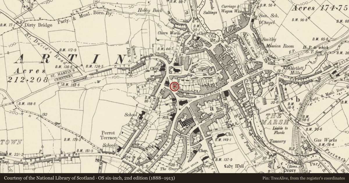 Ordnance Survey six-inch map, 2nd edition (1888–1913) covering the location of The Greyhound Inn, Haverfordwest, Pembrokeshire, with a pin at the register's coordinates