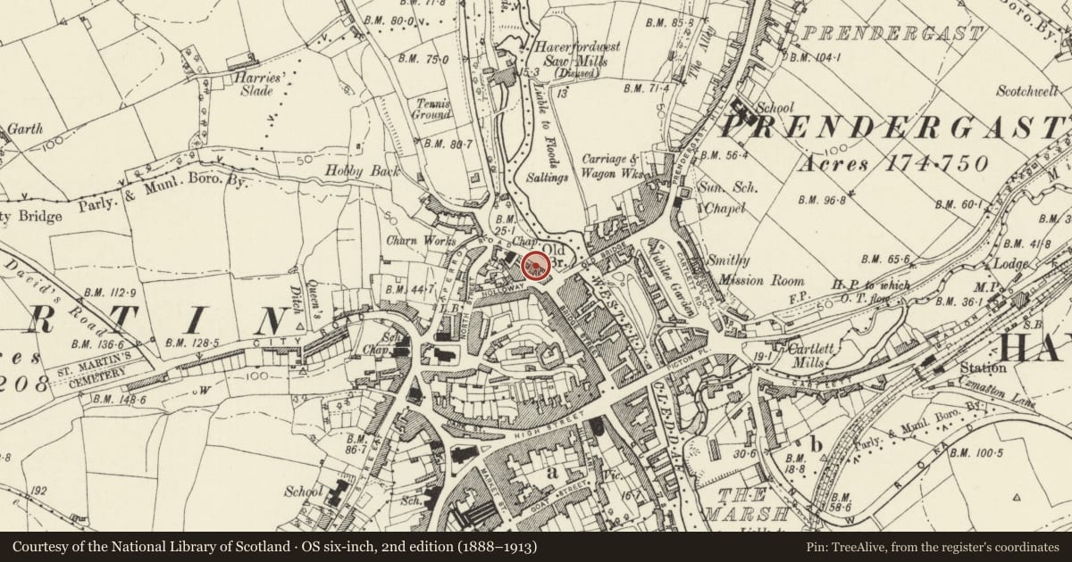 Ordnance Survey six-inch map, 2nd edition (1888–1913) covering the location of Allied House, Haverfordwest, Pembrokeshire, with a pin at the register's coordinates