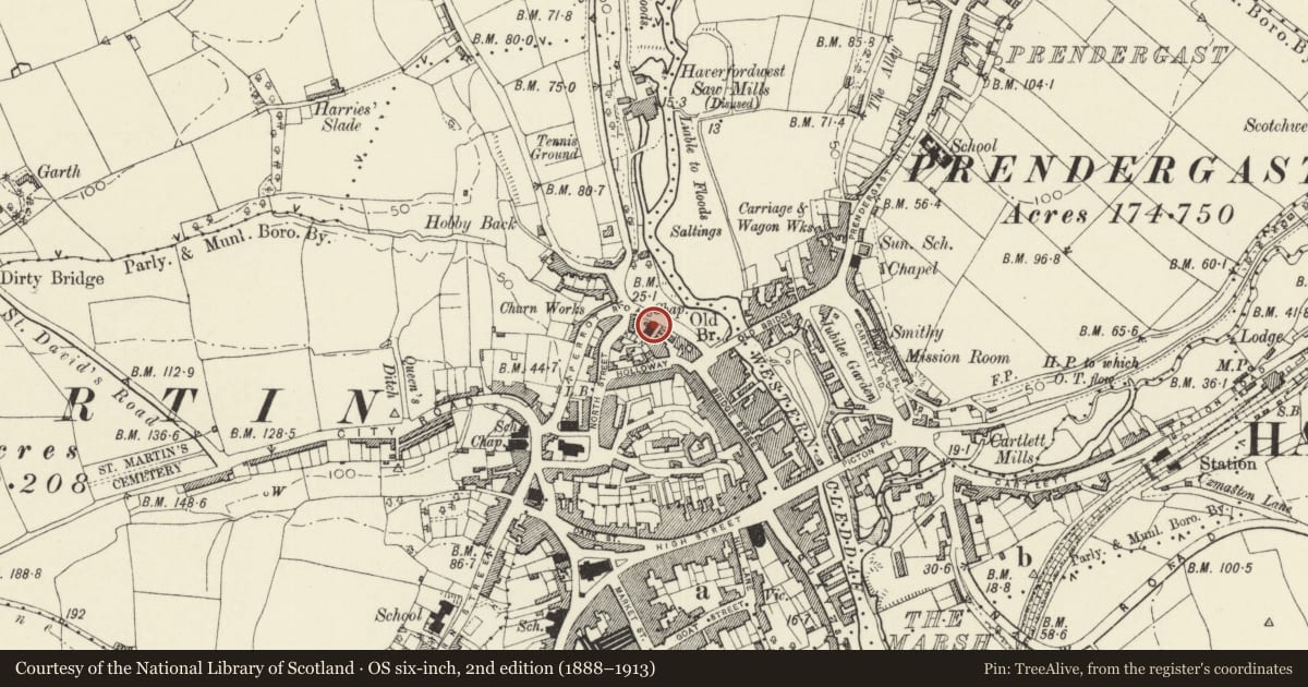 Ordnance Survey six-inch map, 2nd edition (1888–1913) covering the location of Ebenezer Chapel, Haverfordwest, Pembrokeshire, with a pin at the register's coordinates