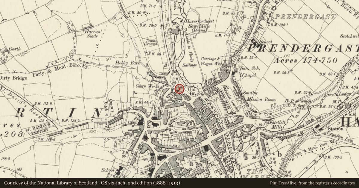 Ordnance Survey six-inch map, 2nd edition (1888–1913) covering the location of Dwarf wall, railings and gates before the Ebenezer Chapel, Haverfordwest, Pembrokeshire, with a pin at the register's coordinates