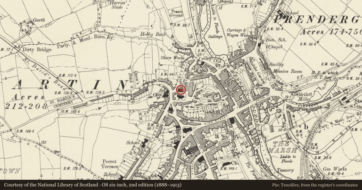 Ordnance Survey six-inch map, 2nd edition (1888–1913) covering the location of Former Wesleyan Methodist Chapel, Haverfordwest, Pembrokeshire, with a pin at the register's coordinates