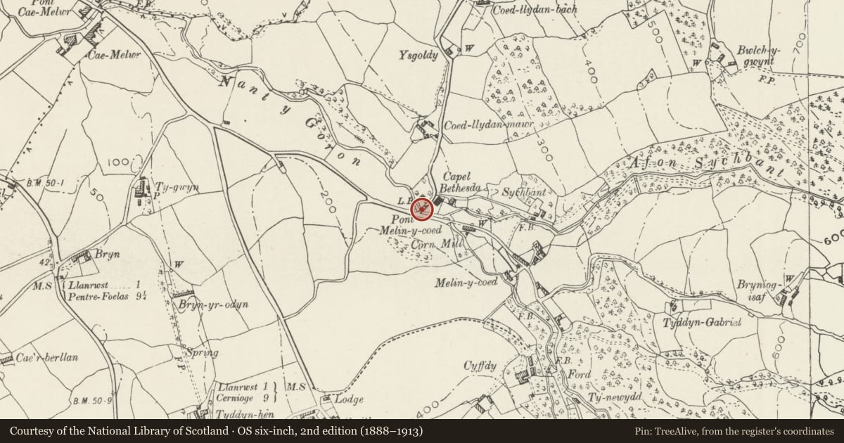 Ordnance Survey six-inch map, 2nd edition (1888–1913) covering the location of Melin-y-Coed Bridge and adjoining revetment walls to E and W., Bro Garmon, Conwy, with a pin at the register's coordinates