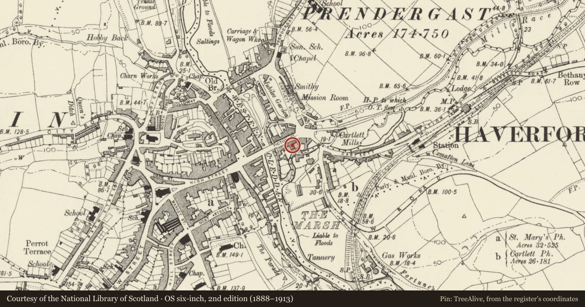 Ordnance Survey six-inch map, 2nd edition (1888–1913) covering the location of The Former Masonic Hall, Haverfordwest, Pembrokeshire, with a pin at the register's coordinates