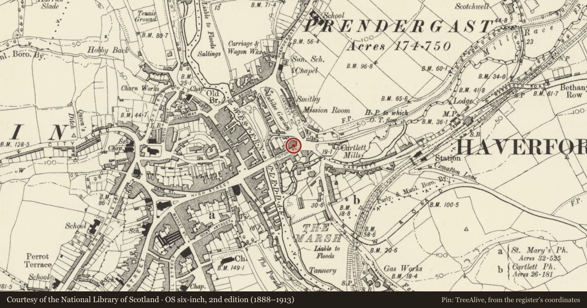 Ordnance Survey six-inch map, 2nd edition (1888–1913) covering the location of 18 Picton Place, Haverfordwest, Pembrokeshire, with a pin at the register's coordinates