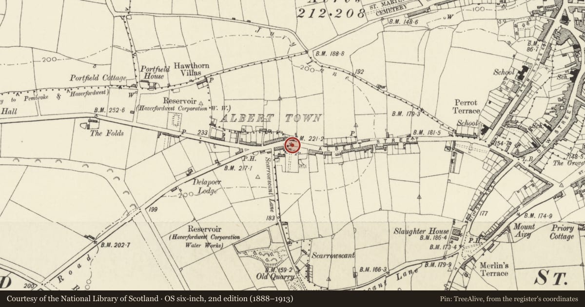 Ordnance Survey six-inch map, 2nd edition (1888–1913) covering the location of Churchyard wall, gates and gatepiers to demolished Machpelah Church, Haverfordwest, Pembrokeshire, with a pin at the register's coordinates